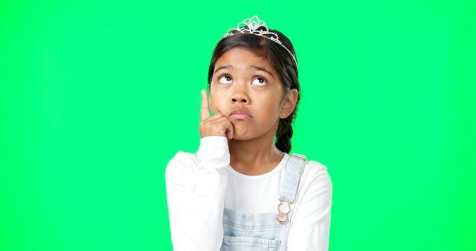 Thinking, green screen and child wondering with a question feeling confused, thoughtful and isolated in studio background. Planning, girl and kid contemplating, curious and planning expression