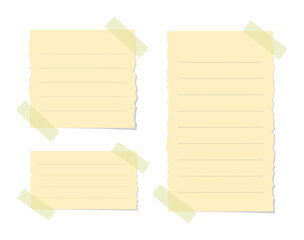 Torn yellow sticky note vector illustration set. Taped office memo paper mockup template. - obrazy, fototapety, plakaty