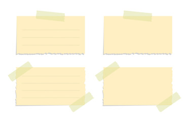 Torn yellow sticky note vector illustration set. Taped office memo paper mockup template.