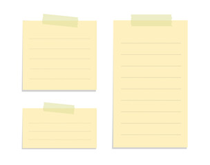 Yellow sticky note illustration set. Taped office memo paper template mockup.