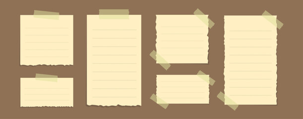 Torn yellow sticky note vector illustration set. Taped office memo paper mockup template.