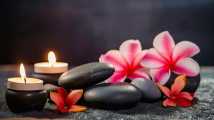 Fototapeta na wymiar Spa scene with Massage Stones, Hibiscus Flowers, and Candles. Tranquil Well-being Concept, generative AI