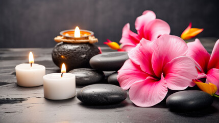 Fototapeta na wymiar Spa scene with Massage Stones, Hibiscus Flowers, and Candles. Tranquil Well-being Concept, generative AI