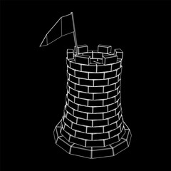 Castle knight tower. Medieval ancient fortress with banner flag