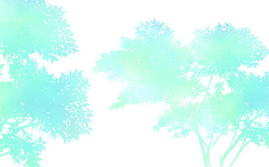 ブルーの木のシルエット・爽やか初夏イメージ-ふんわり水彩画テクスチャ 白背景 イラスト素材 差分有