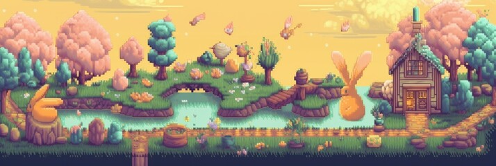 Fototapeta premium Colorful Joy: Adorable and Playful Easter Pixel Art Wallpaper Perfect for Wallpaper, Cards, and Decorations with Vibrant Hue, Intricate Detail, Beautiful Pattern Generative AI