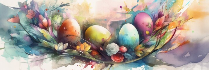 Colorful Joy: Adorable and Playful Easter Watercolor Painting Banner Perfect for Wallpaper, Cards, and Decorations with Vibrant Hue, Intricate Detail, Beautiful Pattern Generative AI