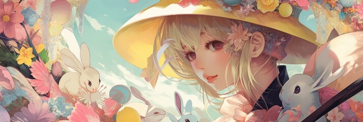 Capture the Spirit of Easter with a Beautiful Easter Bonnet Anime Illustration Graphic Design : A Vibrant and Artistic Design Perfect for Wallpapers, Greeting Cards, and Decorations Generative AI