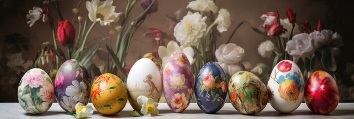 Fototapeta na wymiar Cute Easter Eggs Florals Wallpaper Design: Stunning Artistic Featuring Vibrant Hues, Intricate Details, Beautiful Patterns, Perfect for Wallpaper, Card, Decoration Generative AI