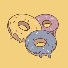 Fototapeta premium Donut icon. Donut desserts with strawberry and chocolate cream icing and sprinkling. Bakery products made of sweet pastries, confectionery and colorful glazed donuts