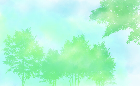 重なる木のシルエット・爽やか初夏イメージ-ふんわり水彩画テクスチャ イラスト素材 差分有