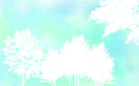 木の白抜きシルエット・ブルー　爽やか初夏イメージ-ふんわり水彩画テクスチャ イラスト素材 差分有