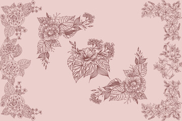 Set of Beautiful Flower Bouquets Line Art Illustration