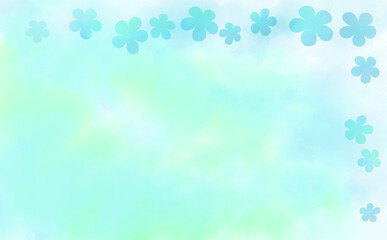 Fototapeta na wymiar 青と緑の花柄シルエットのL字フレーム・初夏イメージ-ふんわり水彩画テクスチャ イラスト素材 差分有