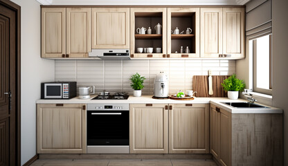 Home Kitchen Interior, Cabinet, Kitchen Set Generative AI
