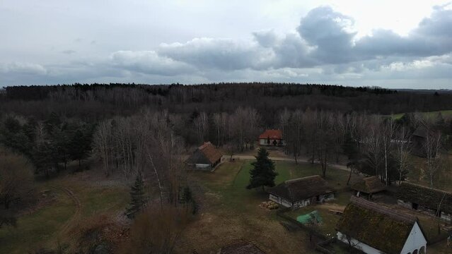 Historic buildings in the open-air museum in the village of Klobka, Poland.
