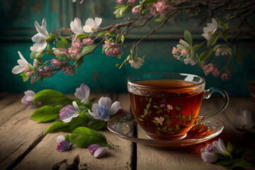 Beautiful Cup Of Tea On Wooden Table With Spring Flowers, Spring Season, Generative Ai