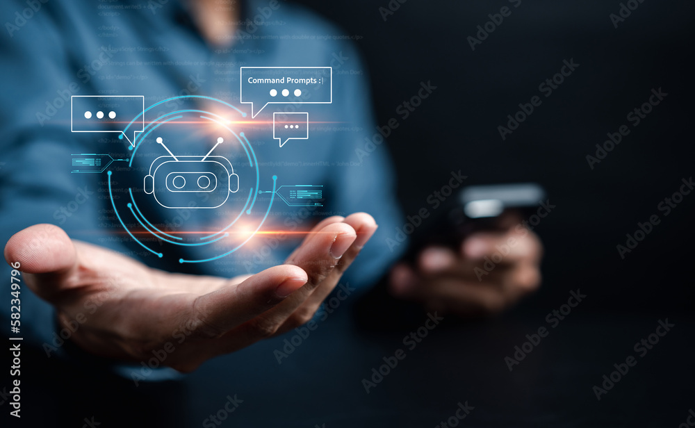 Poster Businessman using chat bot intelligence Ai. Chat with AI Artificial Intelligence, developed by OpenAI generate. Futuristic technology, robot in online system.