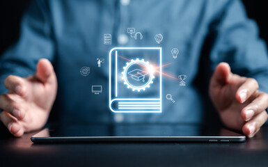 E-learning online class with E-book, watching video on internet, webinar online, education on internet, e-learning, learning online with webinar, video tutorial..