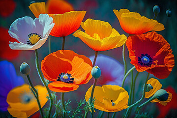 Colorful Poppy Wildflowers In Spring, Spring Season, Generative Ai