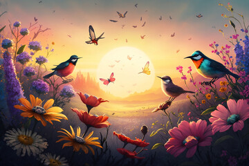 Spring Landscape With Birds, Butterflies, And Colorful Flowers At Sunrise/Sunset, Butterflies, Spring Season, Generative Ai