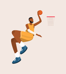 Basketball Player Jumping to Net Vector Illustration, Flat Design of Afro Man Playing Basketball, Basketball player flat hand drawn,Athlete hitting the ball smash cartoon character. © Darwin Vectorian