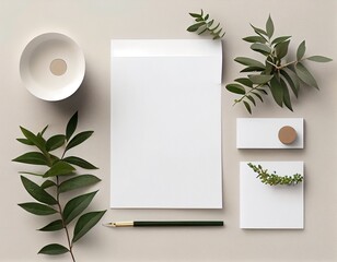 Flatlay Paper Mockup on Table, Modern and Minimalistic Design Created with Generative AI