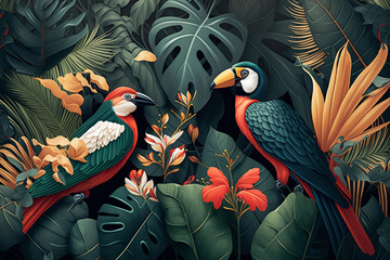 Exotic Tropical Leaves And Birds Design, Palm Trees, Spring Season, Generative Ai
