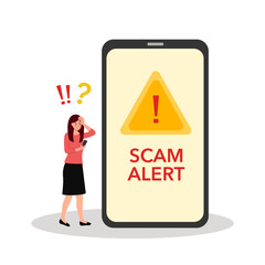 Frightening woman with scam alert on mobile phone screen in flat design on white background. - obrazy, fototapety, plakaty