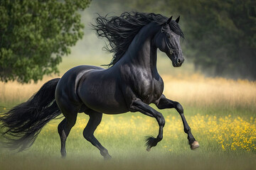 Fototapeta premium a black horse is galloping on its hind legs with its tail spread out and it's tail spread out, generative AI