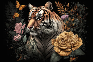 painting of a tiger with flowers, generative AI