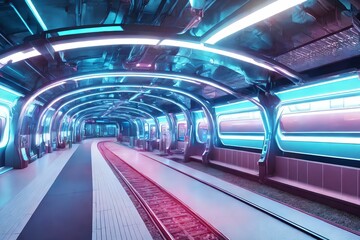 Obraz premium futuristic tunnel hi speed train railway with neon light, generative art by A.I