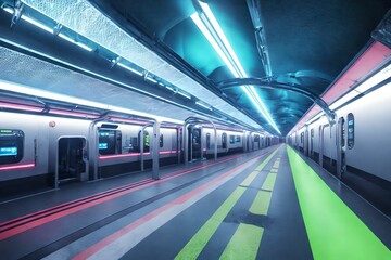 futuristic tunnel hi speed train railway with neon light, generative art by A.I