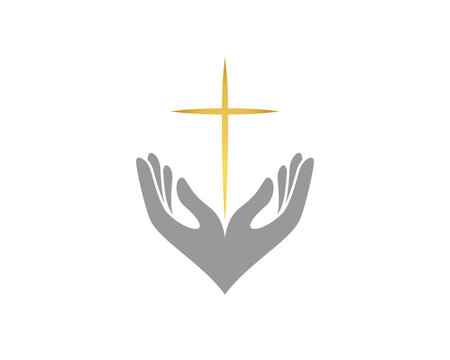 Pray hand with christian cross above logo