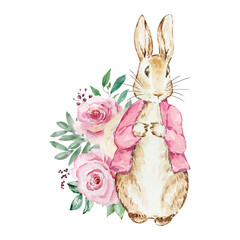 Watercolor cute rabbit with flowers