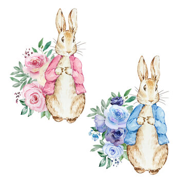 Watercolor cute rabbit with flowers