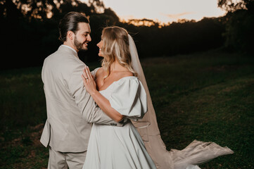 romantic couple in wedding outfit