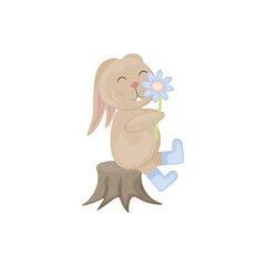A hare with a flower. A children s illustration depicting a cute hare sitting on a stump. A rabbit sits on a stump and sniffs a flower. Vector illustration isolated on a white background