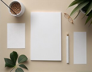 Flatlay Paper Mockup on Table, Modern and Minimalistic Design Created with Generative AI