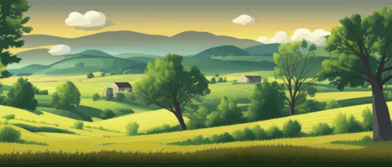 Fotobehang Vector illustration of beautiful summer fields Landscape with sunrise and single trees, green hill, bright blue sky, background in flat cartoon style banner. © Павел Кишиков