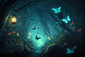 Fireflies And Butterflies In Enchanted Forest, Fairy Tale Concept, Spring Season, Generative Ai