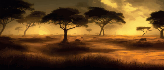 Obraz na płótnie Canvas African acacia row against twilight sky. Vector illustration banner landscape. Silhouette of packs in the high rise desert. African perspective in the evening with copy space.