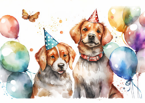 Happy birthday dog, holiday concept, Celebration banner with  balloons, Watercolor illustrated, Generated AI