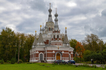 View of the ancient church of St. Nicholas the Wonderworker on a cloudy September day. Pavlovsk, St. Petersburg suburbs. Russia