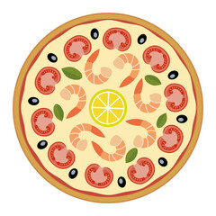 Vector drawing of pizza - top view. Seafood pizza - shrimp, cheese, tomatoes, olives, salad.