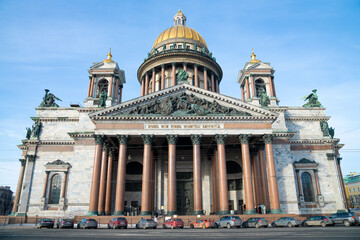 Fototapeta na wymiar St. Isaac's Cathedral close-up on a sunny February day, Saint Petersburg