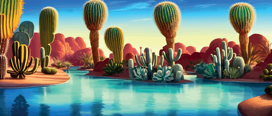 A desert oasis with cacti and flowers growing around a stream of water. Cinematic digital artwork illustration of a desert landscape at sunset. Scenic wild west aesthetic art vector illustration.