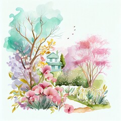 Painting watercolor landscape. Beautiful spring nature background. Generative AI