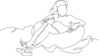 Fototapeta na wymiar One continuous line. Girl with an inflatable circle. Bathing. Little girl on the beach. The child bathes with an inflatable ring. One continuous line drawn isolated, white background.
