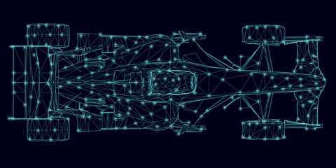 Racing car wireframe made of blue lines isolated on a dark background with glowing lights. View from above. 3D. Vector illustration